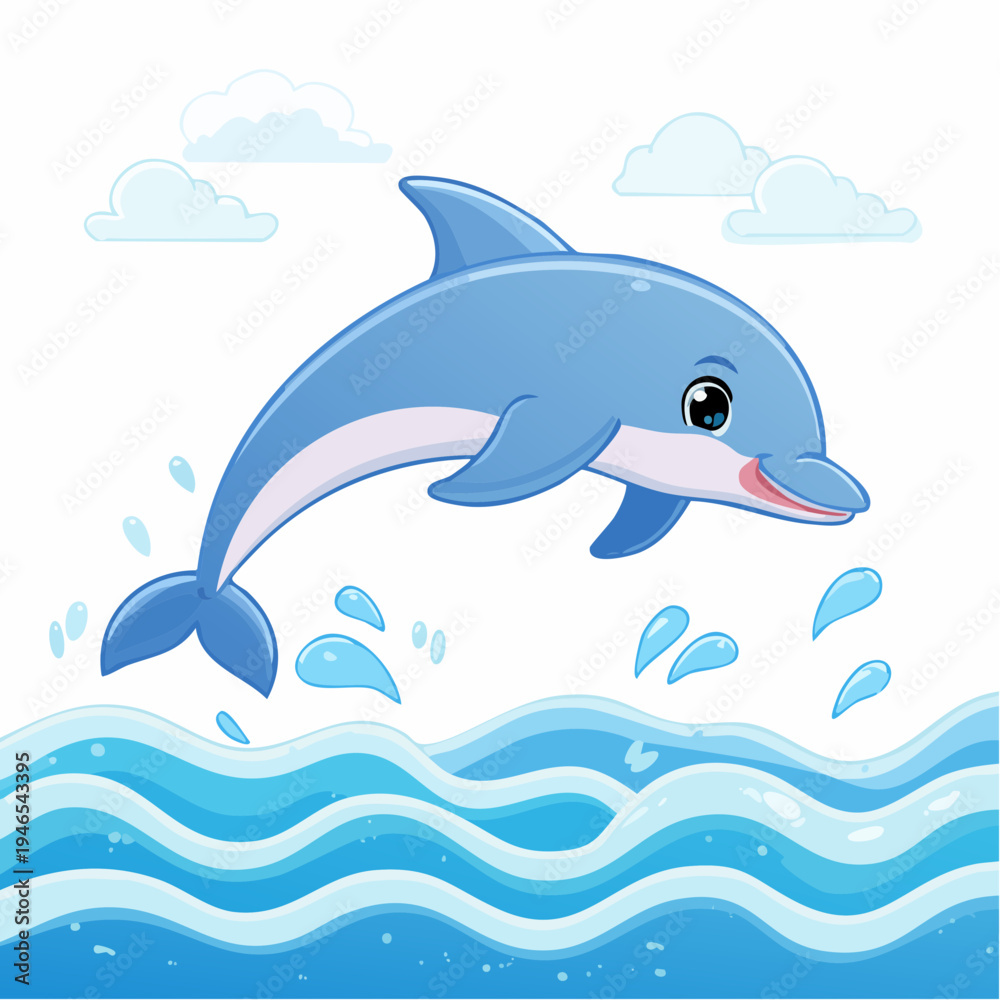 Obraz premium A cheerful cartoon blue dolphin jumping out of the water with a splash, surrounded by wavy lines and clouds on a white background, conveying a sense of freedom and joy.