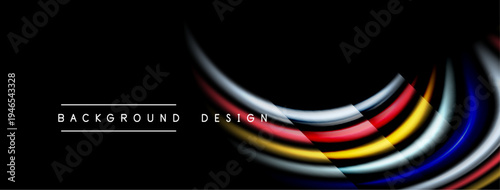 Abstract colorful streaks over black backdrop. Modern design elements create dynamic visual impact. Simple, elegant composition.