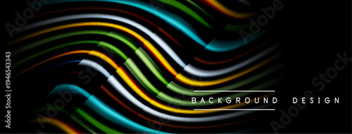 Abstract vibrant lines create dynamic wave pattern. Dark background emphasizes colorful glowing shapes, modern design element.