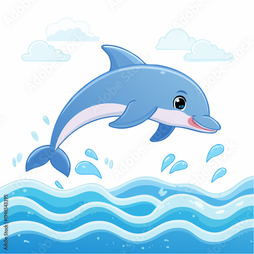 A cheerful cartoon blue dolphin jumping out of the water with a splash, surrounded by wavy lines and clouds on a white background, conveying a sense of freedom and joy.