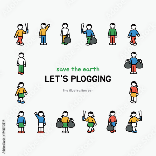People Plogging and Picking Up Trash Line Illustration Set for Environmental Protection Campaign
