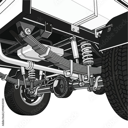 Detailed Black and White Illustration of a Vehicles Suspension System and Tires.