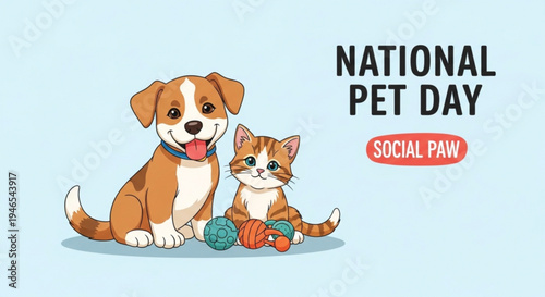 Friendly dog and cat sitting together on national pet day with colorful balls