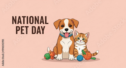 Friendly dog and cat sitting together on national pet day with colorful toys