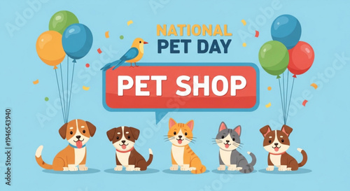 National pet day celebration with colorful animals and balloons at pet shop