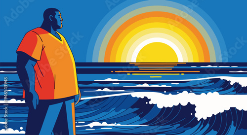 A vector illustration capturing a person standing by the sea, watching the sunrise over the ocean, symbolizing hope and new beginnings