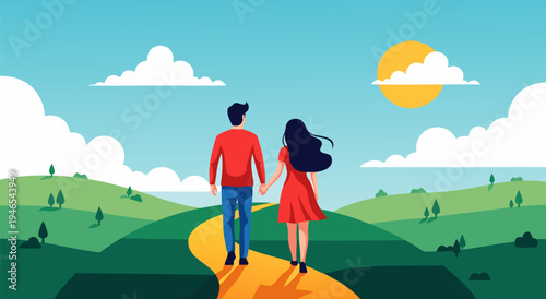 A loving couple walks hand-in-hand on a sunlit path through a picturesque landscape in this beautiful vector illustration