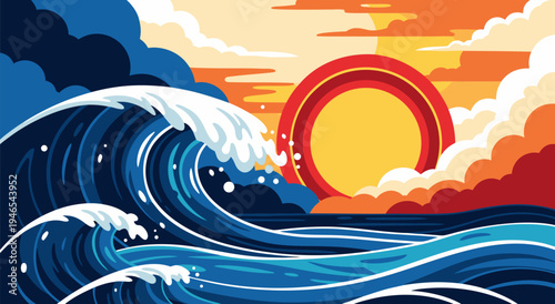 Abstract vector illustration of a dramatic ocean wave at sunset with a vibrant, stylized sun and clouds