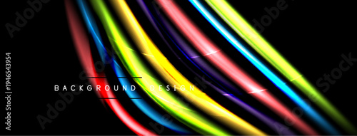 Abstract colorful lines over black background. Dynamic shapes create modern visual effect. Bright gradients suggest energy, movement.