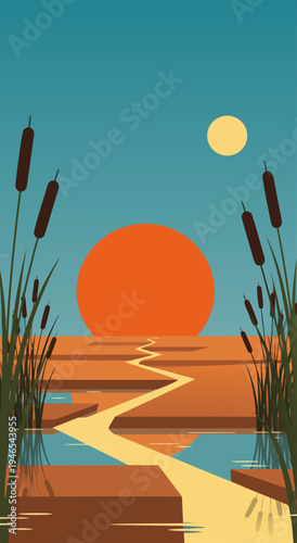 Serene Desert Oasis Landscape Vector Illustration with Sun and Water Reflections - A Peaceful Nature Scene