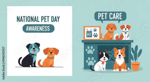 National pet day awareness illustration with dogs and pet care theme