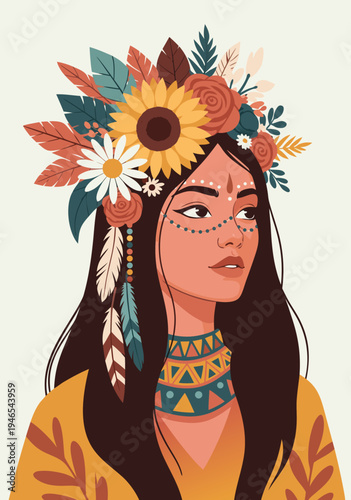 Beautiful Woman wearing a Flower Crown in Boho Style - Vector Illustration with Feathers and Sunflower Accents