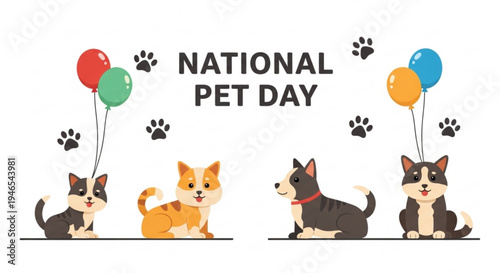 Four cute dogs with colorful balloons on national pet day celebration