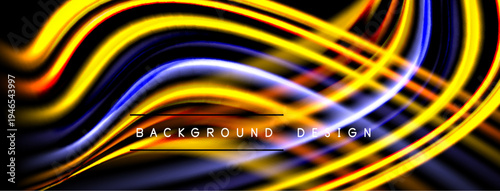 Abstract flowing lines create vibrant background. Yellow, blue, orange colors dominate design, offering dynamic visual effect.