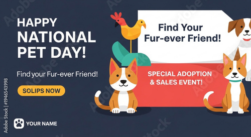 National pet day adoption event with corgis and rooster illustration