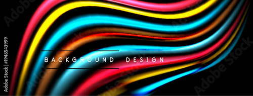Abstract colorful waves, dynamic lines. Black background emphasizes vibrant hues, modern design element. Text reads background design.