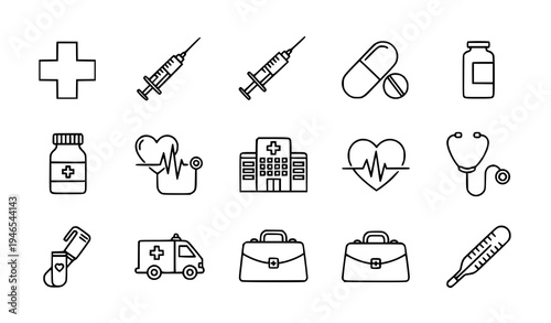 Healthcare and medicine outline icons hospital pharmacy medical line vector collection isolated on white