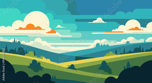 Vibrant vector illustration of a picturesque rolling landscape with rolling hills, stylized clouds, and a bright sun, evoking a sense of tranquility and nature's beauty