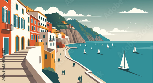 Charming Italian Coastal Town Seaside Vector Illustration with Sailboats on the Water and Colorful Buildings