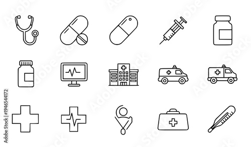 Medical medicine healthcare thin line icons hospital pharmacy symbol vector set isolated on white background