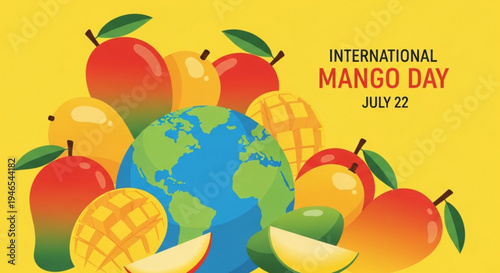 Vibrant illustration of globe surrounded by mangoes and apples celebrating international mango day on yellow background