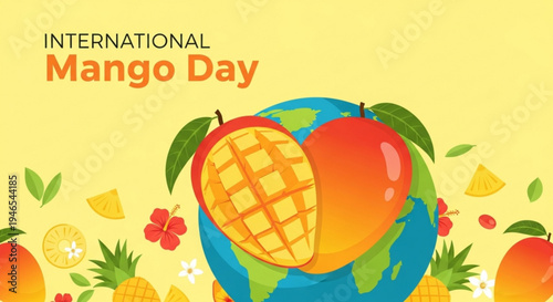 International mango day celebration with globe and fruit illustrations on yellow background