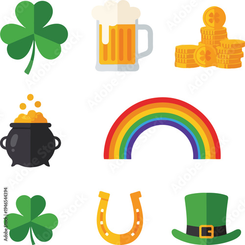 A collection of colorful St. Patrick's Day themed icons including shamrocks, a beer mug, gold coins, a pot of gold, a rainbow, a horseshoe, and a leprechaun hat.
