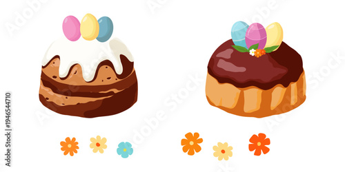 Easter cakes with colorful eggs. Vector illustration. Spring flowers and festive baked goods, hand-drawn, isolated on a white background.