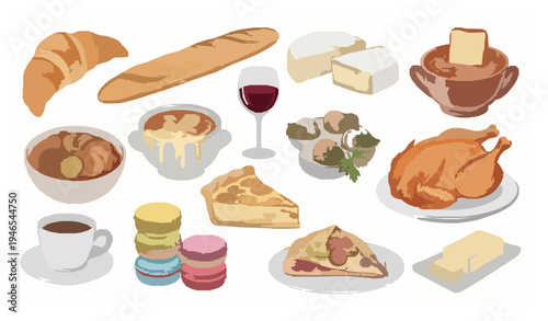 Watercolor French cuisine food set croissant baguette cheese wine traditional dishes vector