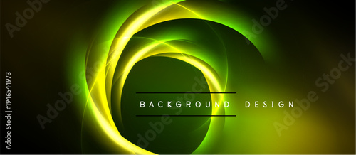 Abstract yellow neon lines swirl over dark green, creating dynamic background design. Text reads background design. Simple, modern aesthetic.
