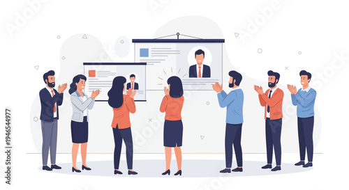 Business team applauding a presenter on screen during a meeting or conference