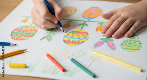 Child's hand coloring Easter eggs with colored pencils on a white sheet of paper, surrounded by various colored pencils and drawings of flowers and grass