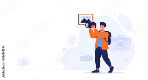 Photographer with Camera Capturing Image in Studio with Camera Graphics