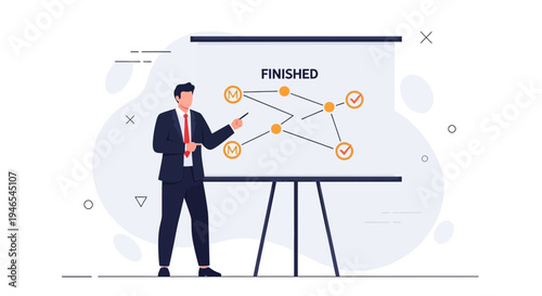 Businessman presenting a finished project plan with milestones on a whiteboard