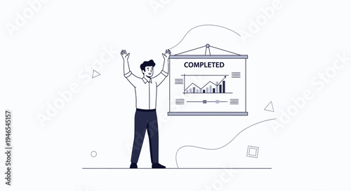 Man celebrating success with completed project chart on whiteboard
