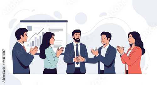 Business team applauding success at presentation, growth chart on screen