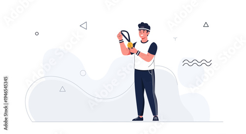 Happy Man Holding Gold Medal, Celebrating Victory, Sports Achievement, Winner