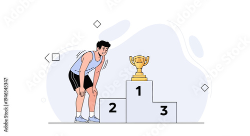 Athlete tired on podium, looking at trophy, victory, success concept