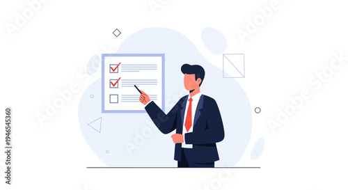Businessman pointing at checklist with completed tasks on a whiteboard