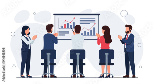 Business team applauding a successful presentation with growth charts on screen