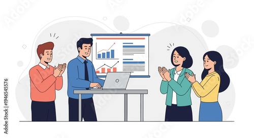 Business meeting success: team applauds presenter at laptop with charts on screen