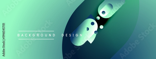 Abstract background design features flowing shapes, gradients. Turquoise, teal hues dominate composition. Minimalist text present.