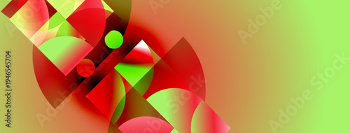 Abstract geometric composition. Red, green, yellow shapes overlap creating dynamic visual effect. Gradient background adds depth.