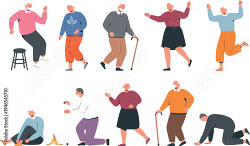 Elderly People Falling Vector Set with Senior Accident and Fall Prevention Situations Isolated Flat Illustration Collection