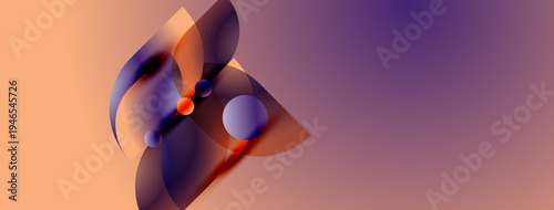 Abstract composition featuring overlapping translucent shapes, vibrant orangepurple gradient background. Modern design elements create dynamic visual effect.