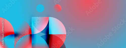 Abstract composition featuring overlapping circles, vibrant blues, reds, gradients. Modern design, minimalist aesthetic, smooth transitions.