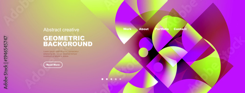 Vibrant abstract geometric background. Purple, yellow hues blend, creating dynamic visual experience. Text elements present, navigation visible.