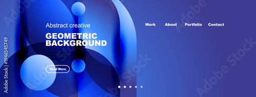 Abstract blue background with text elements, navigation menu, button. Modern design for website header or banner.