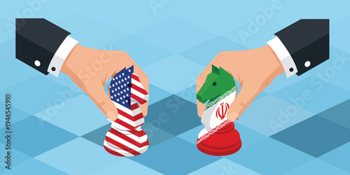 Chess Knight Confrontation: A tense standoff unfolds as two hands, one representing the United States and the other Iran, face off.