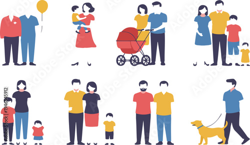 Happy Family Characters Vector Set with Parents, Children and Couples Walking, Playing and Parenting Isolated Flat Illustration Collection